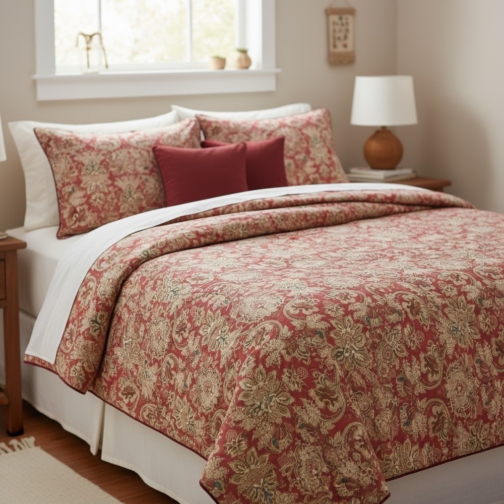Vintage Ralph Lauren Jardiniere Queen / Full Red Sateen Comforter‎ Made In Italy